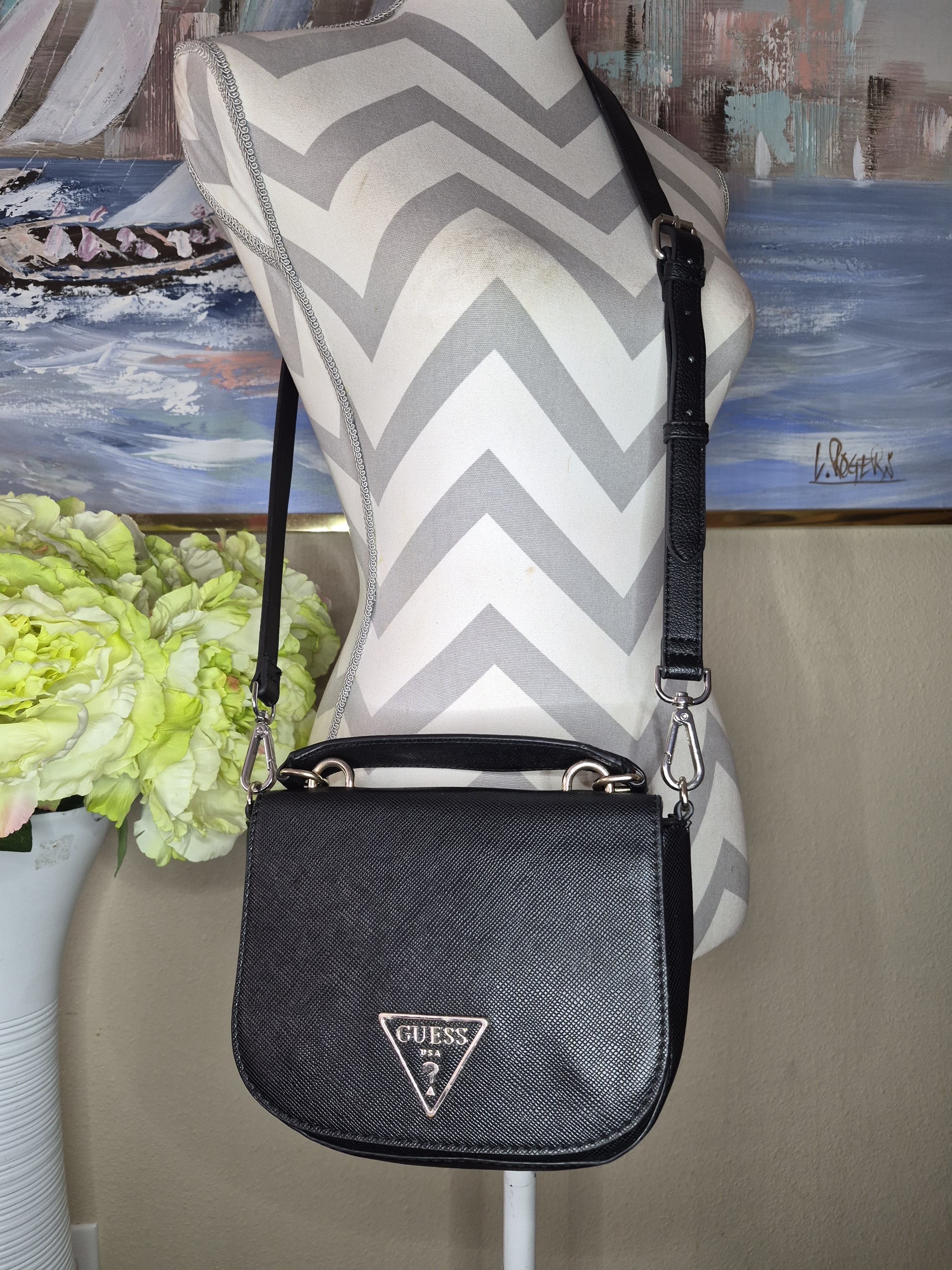 Guess Black Crossbody Saddle Bag With Gold Logo